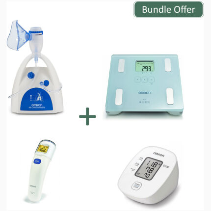 Omron Nebulizer + Blood Pressure Monitor + Body Composition Monitor + Forehead Thermometer