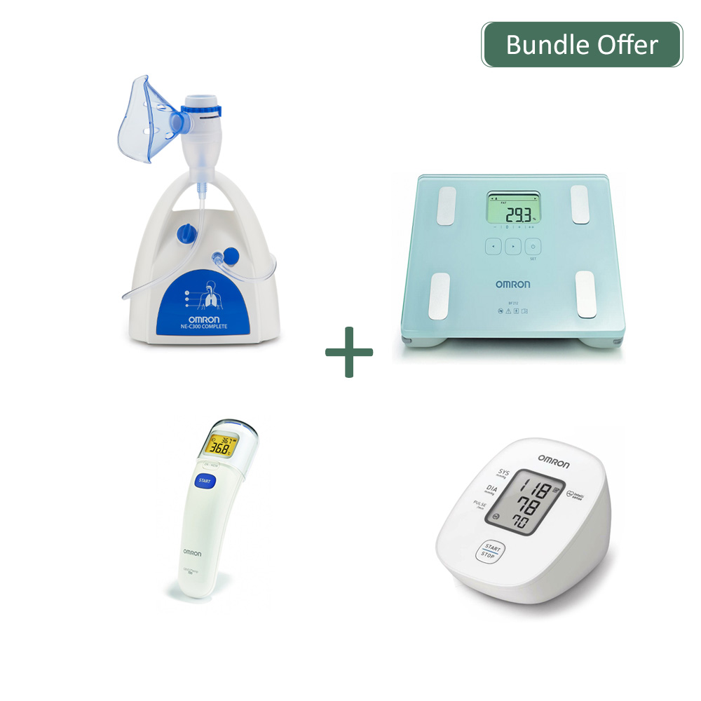 02-Bundle-Offer-Al-Hajery.jpg Omron Nebulizer + Blood Pressure Monitor + Body Composition Monitor + Forehead Thermometer - Image 1